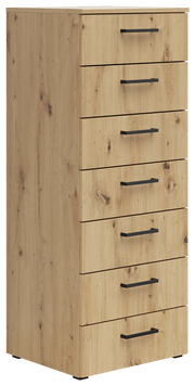 Holzkommode mit sieben Schubladen und schwarzen Griffen, seitliche Perspektive