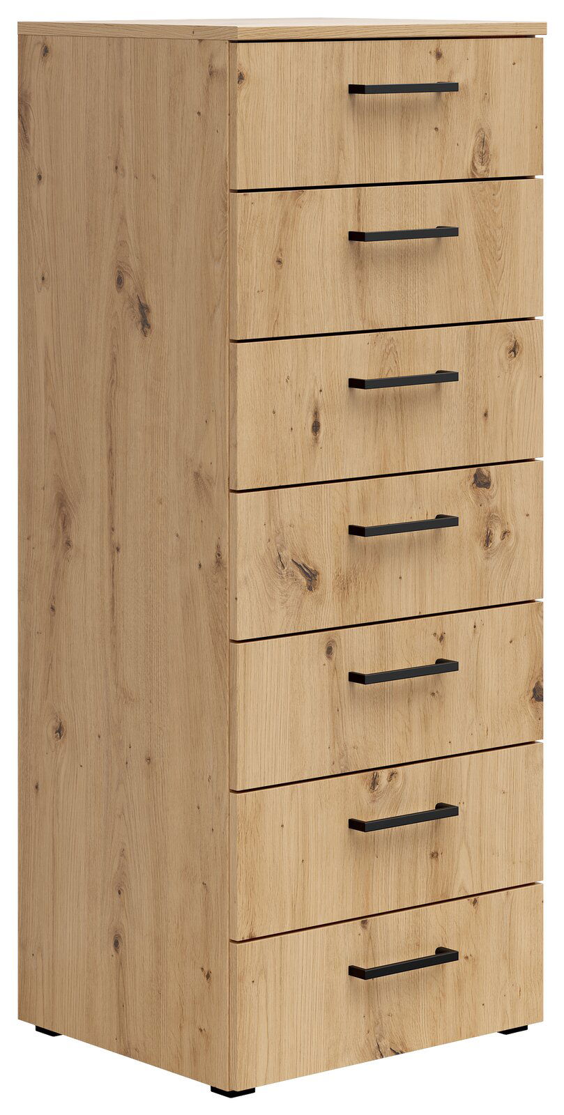 Holzkommode mit sieben Schubladen und schwarzen Griffen, seitliche Perspektive