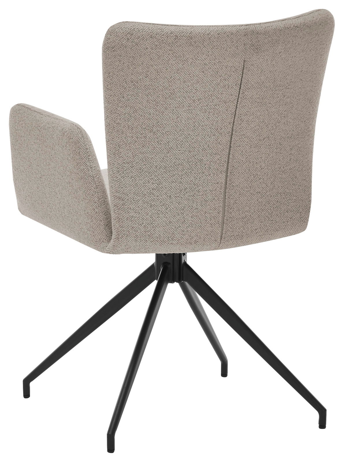 Rückansicht eines modernen Armlehnstuhls mit beigem Stoffbezug und schwarzem Metallgestell.