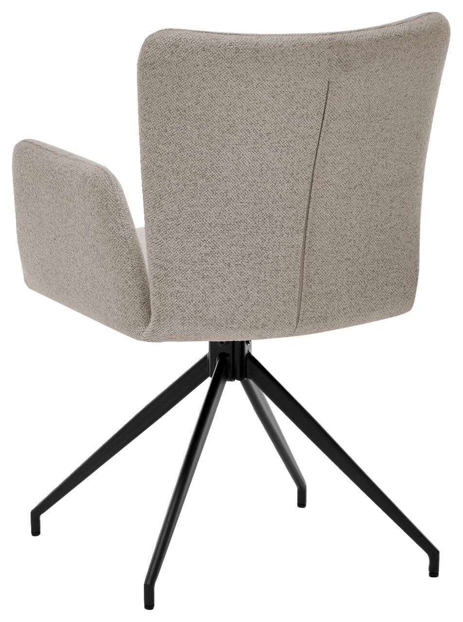 Rückansicht eines modernen Armlehnstuhls mit beigem Stoffbezug und schwarzem Metallgestell.