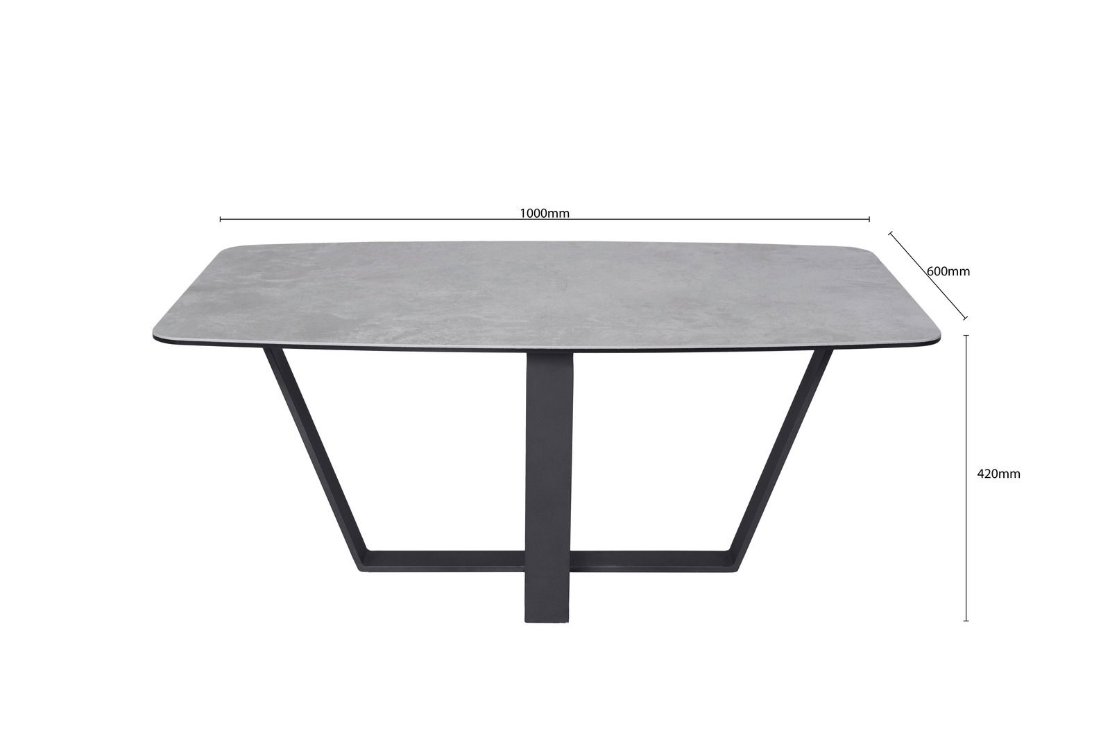 Moderner Couchtisch mit rechteckiger grauer Tischplatte und schwarzem Metallgestell, frontal abgebildet.