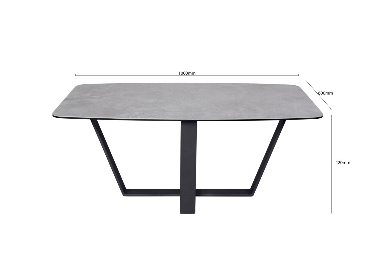Moderner Couchtisch mit rechteckiger grauer Tischplatte und schwarzem Metallgestell, frontal abgebildet.
