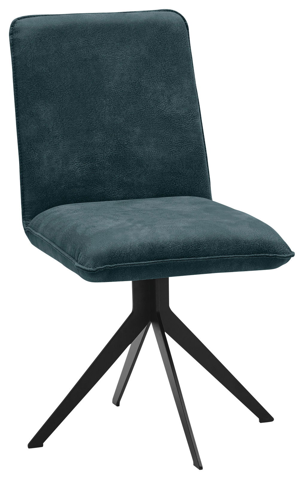 Moderner Stuhl mit dunkelgrünem Polster und schwarzem Metallgestell, seitliche Perspektive
