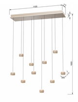 LED-Pendelleuchte mit neun hängenden Leuchtkörpern, seitliche Perspektive