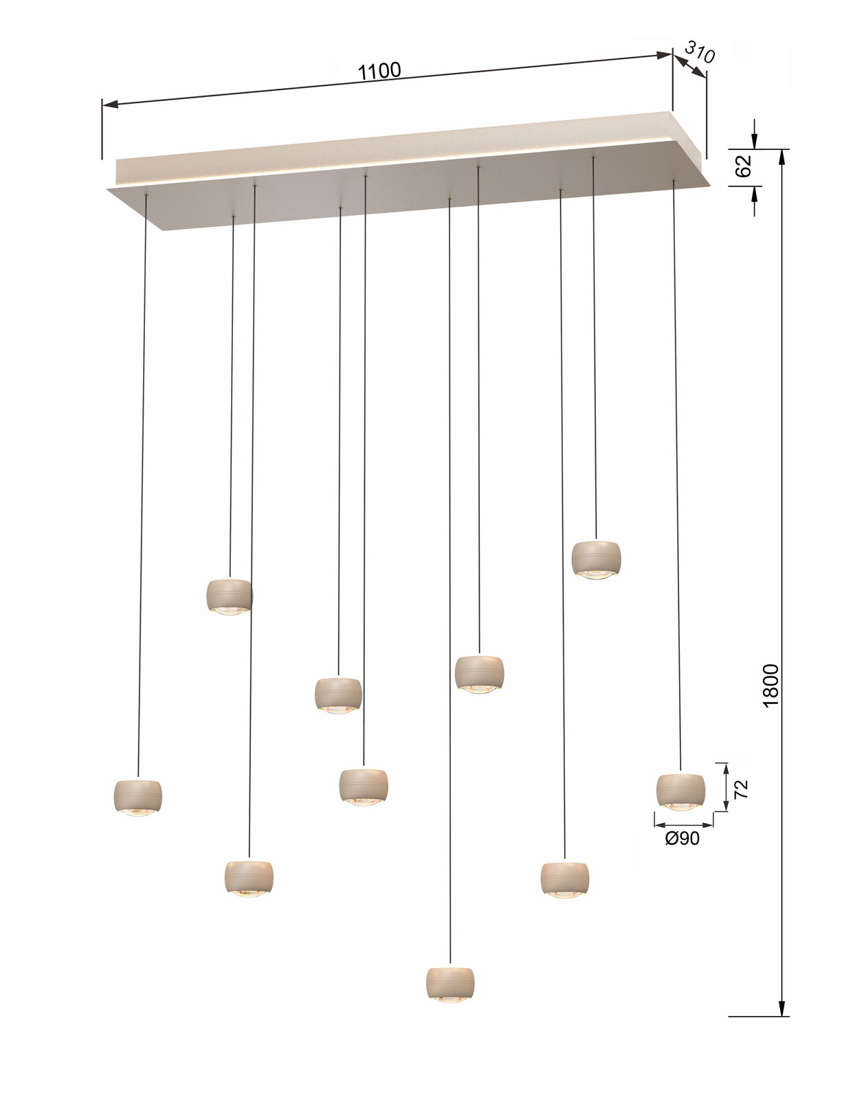 LED-Pendelleuchte mit neun hängenden Leuchtkörpern, seitliche Perspektive