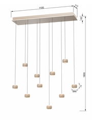LED-Pendelleuchte mit neun hängenden Leuchtkörpern, seitliche Perspektive