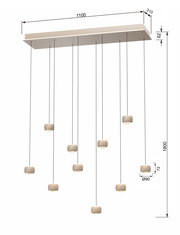 LED-Pendelleuchte mit neun hängenden Leuchtkörpern, seitliche Perspektive