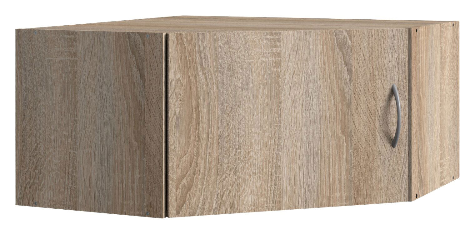 Holzfarbener Aufsatz für Eckschrank mit Türgriff, perspektivisch von vorne rechts betrachtet