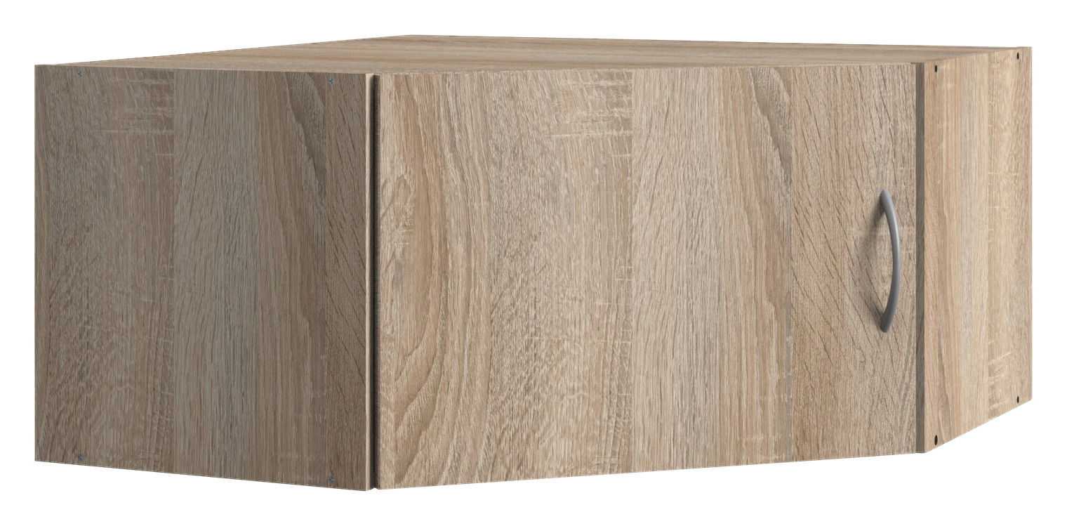 Holzfarbener Aufsatz für Eckschrank mit Türgriff, perspektivisch von vorne rechts betrachtet