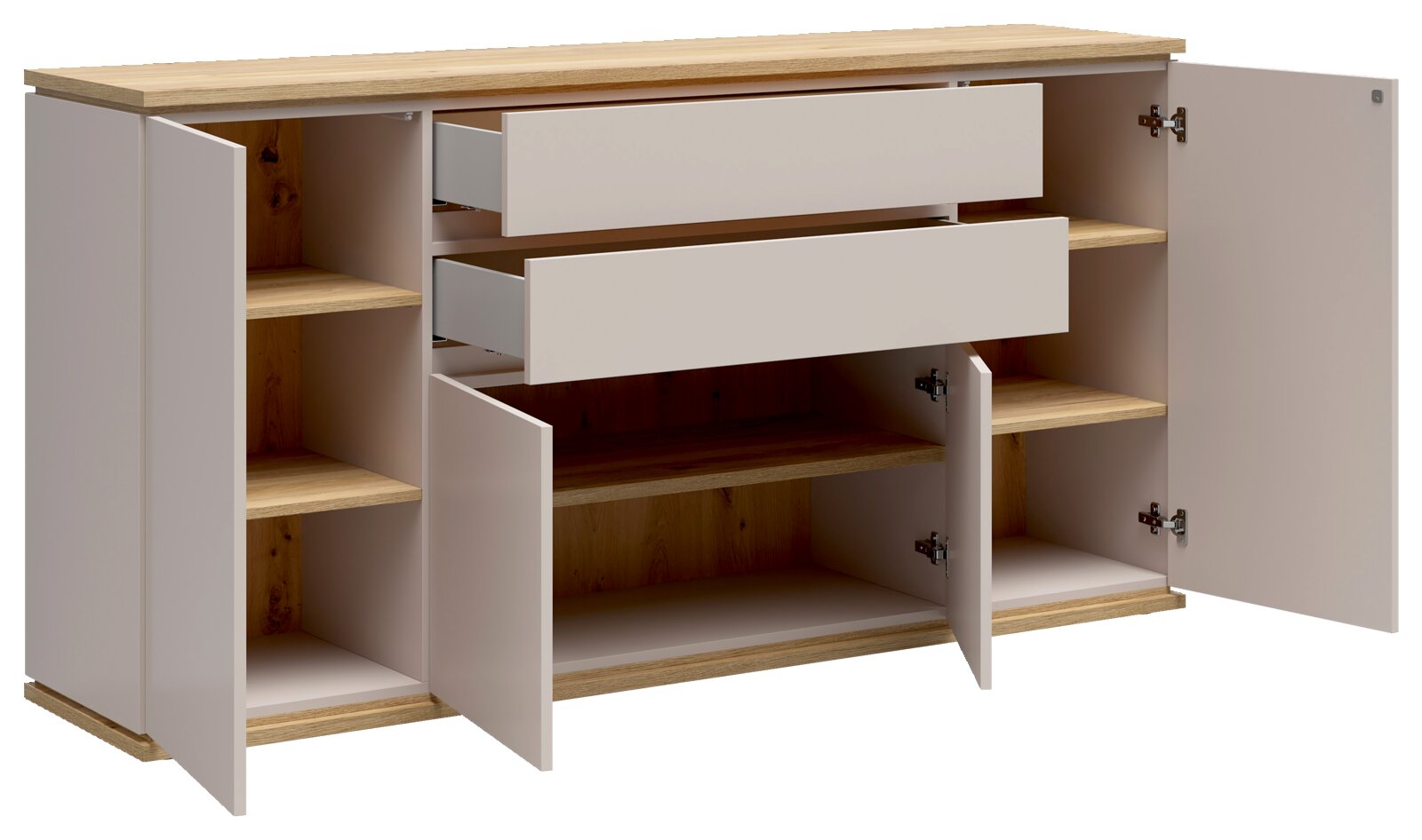 Moderne dressoir/sideboard met eikenlook bovenblad en onderplint, witte fronten, twee lades en meerdere kastdeuren open met zichtbare legplanken; perspectief: schuin van voren (3/4-aanzicht).