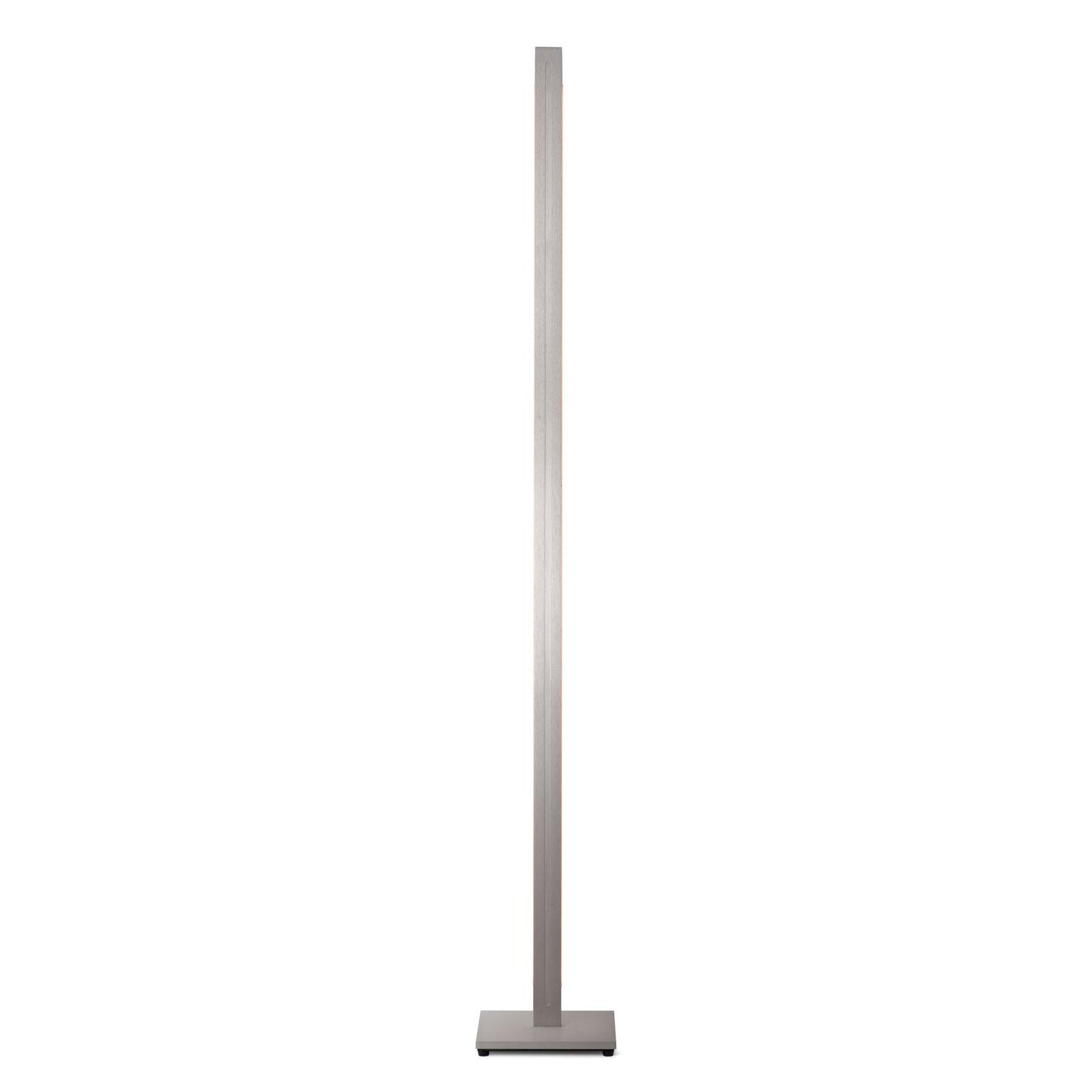 Schlanke, moderne LED-Stehleuchte in Metalloptik mit rechteckigem Standfuß, aus schmaler Seitenperspektive vor weißem Hintergrund