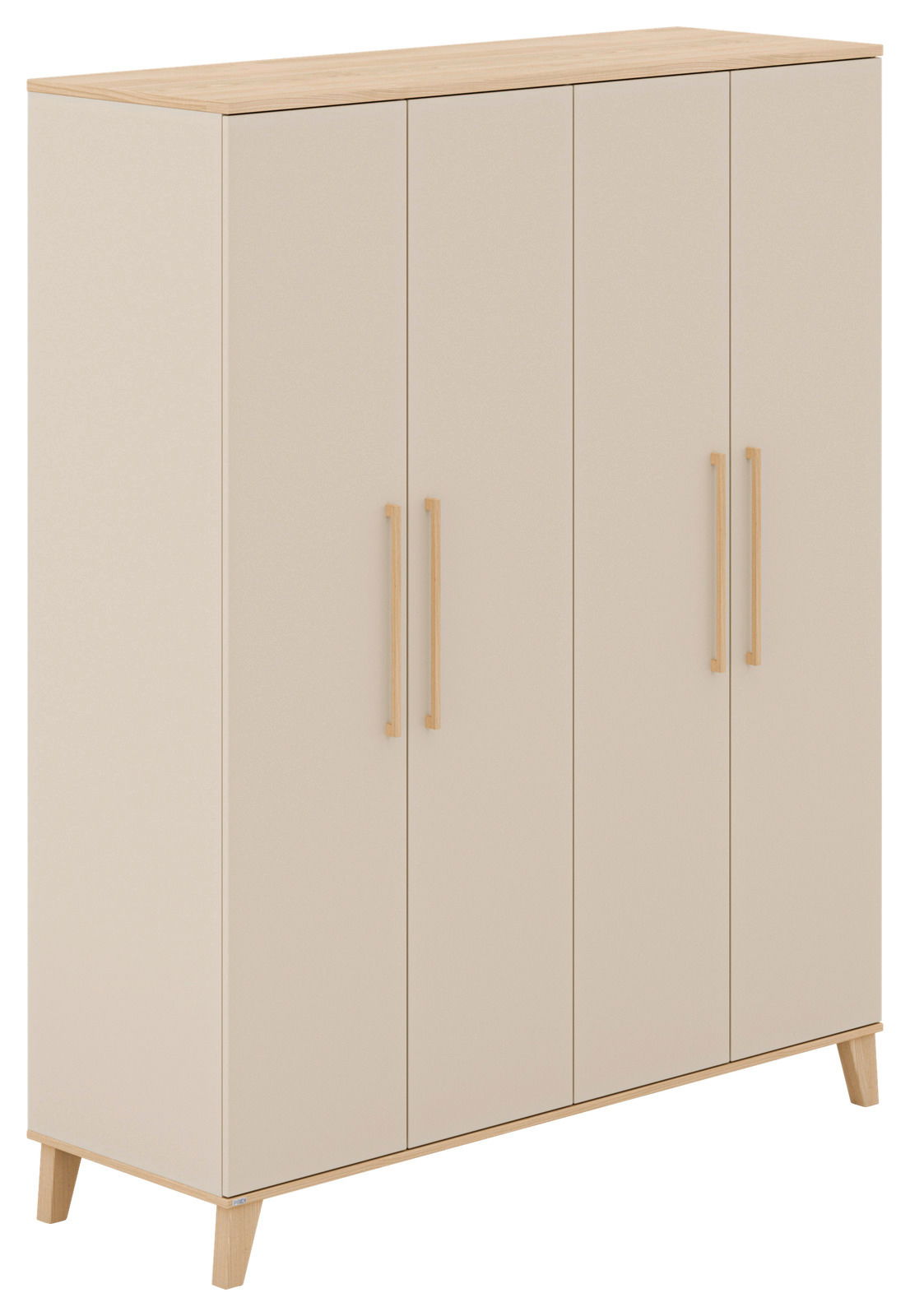 Moderner, vier-türiger Kleiderschrank in hellem Holzdesign, frontal abgebildet.