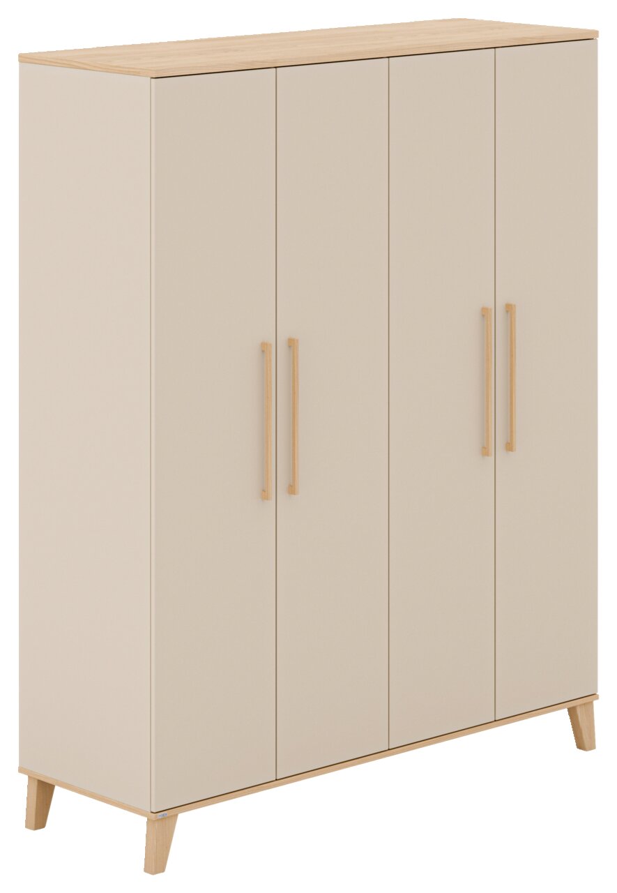 Moderner, vier-türiger Kleiderschrank in hellem Holzdesign, frontal abgebildet.