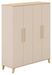 Moderner, vier-türiger Kleiderschrank in hellem Holzdesign, frontal abgebildet.