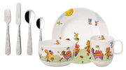 Kinder Geschirr Set mit bunten Tiermotiven, bestehend aus Teller, Schüssel, Tasse und Besteck, aus der Vorderansicht.