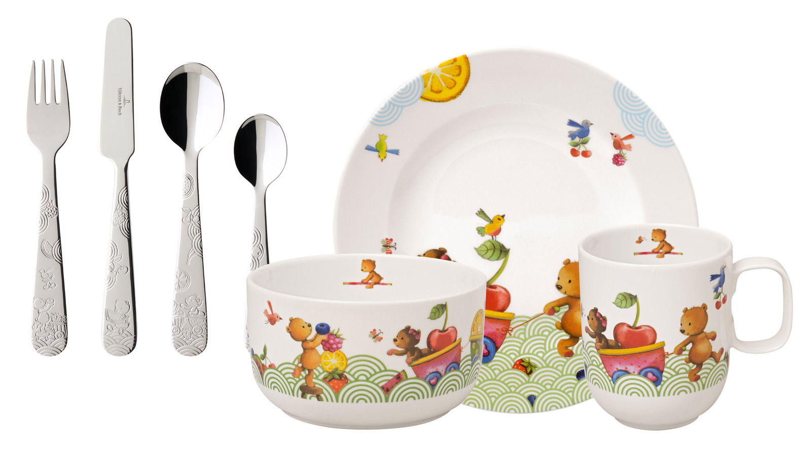 Kinder Geschirr Set mit bunten Tiermotiven, bestehend aus Teller, Schüssel, Tasse und Besteck, aus der Vorderansicht.