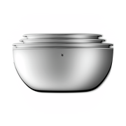 Seitliche Ansicht eines 4-teiligen Küchenschüssel-Sets aus Edelstahl, ineinander gestapelt.