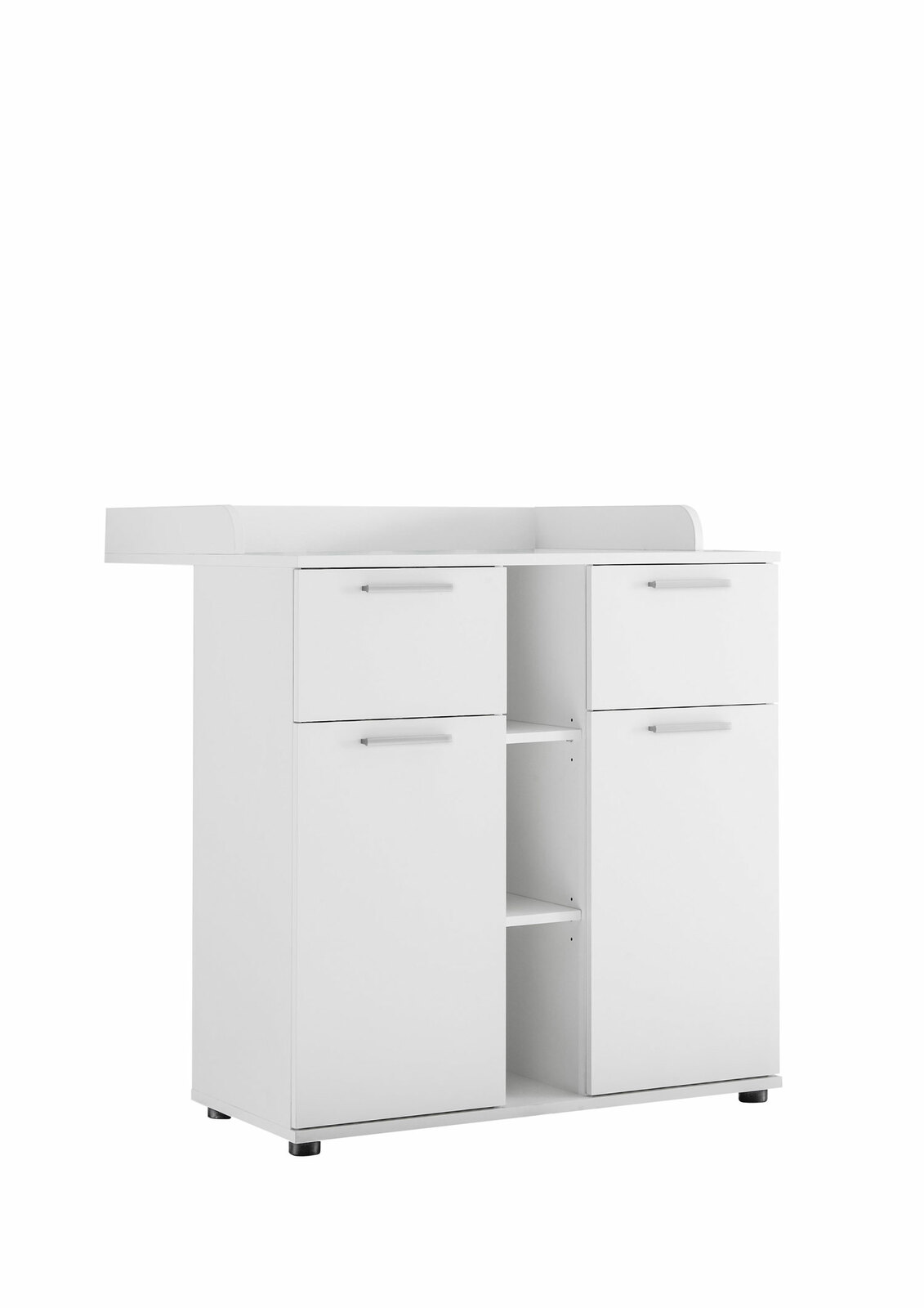 Weiße Wickelkommode mit zwei Schubladen und zwei Türen, seitliche Perspektive