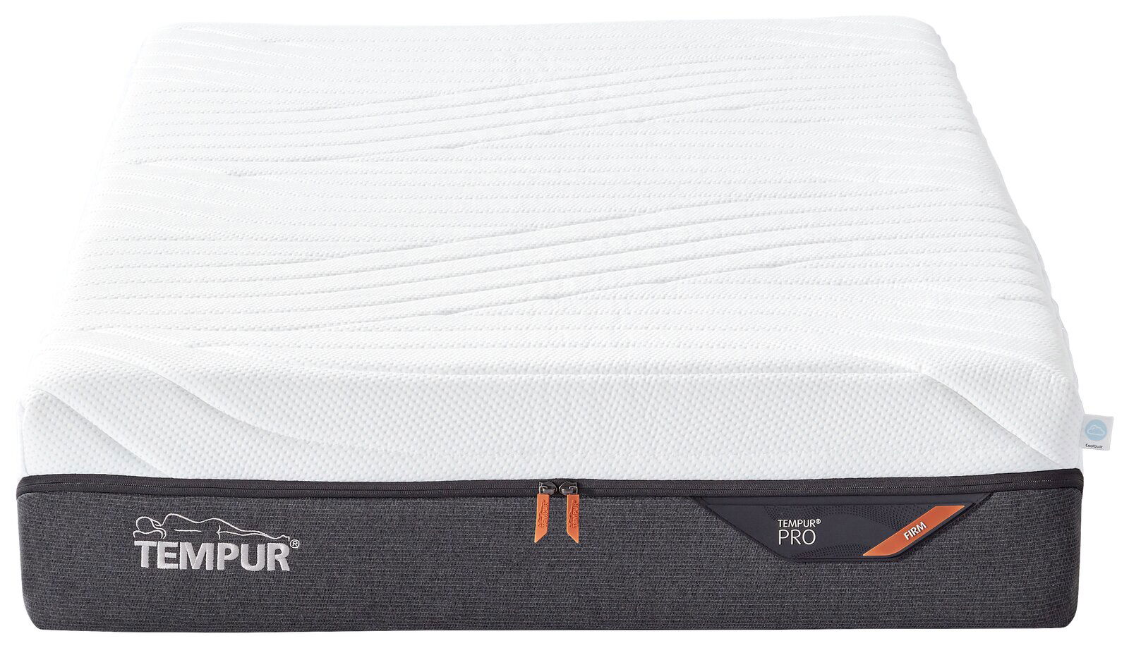 Viscomatratze 100x200 firm von vorne, mit weißem Obermaterial und grauem Seitenbezug, Markenname TEMPUR sichtbar.