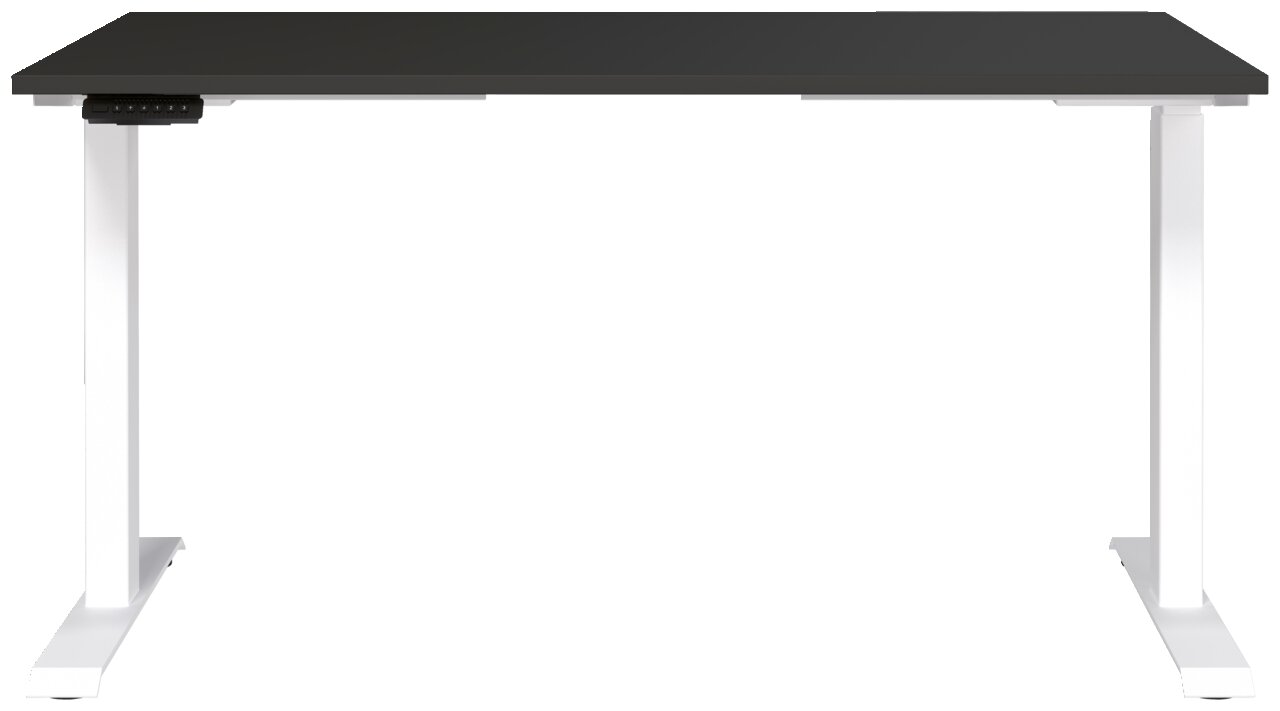 Moderner E-Schreibtisch 140x80 cm mit schwarzer Tischplatte und weißen Beinen, Frontalansicht