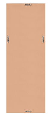 Rückansicht eines rechteckigen Spiegels mit Befestigungselementen an den Ecken.