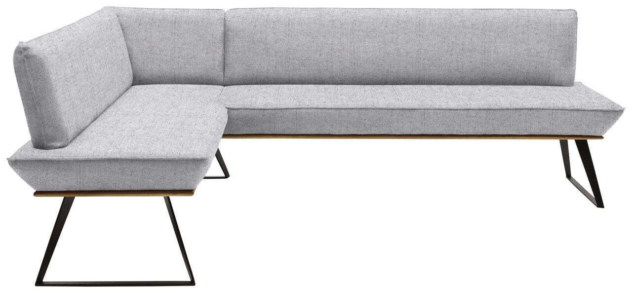 Graue Eckbank mit modernem Design, Metallbeinen und Stoffbezug, seitliche Perspektive
