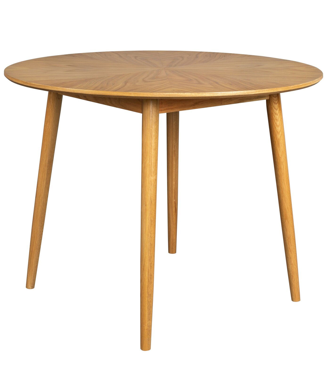 Runder Esstisch aus Holz mit vier schrägen Beinen, seitliche Perspektive
