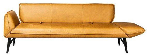 Modernes, senfgelbes Ledersofa mit schwarzen Beinen, seitliche Perspektive