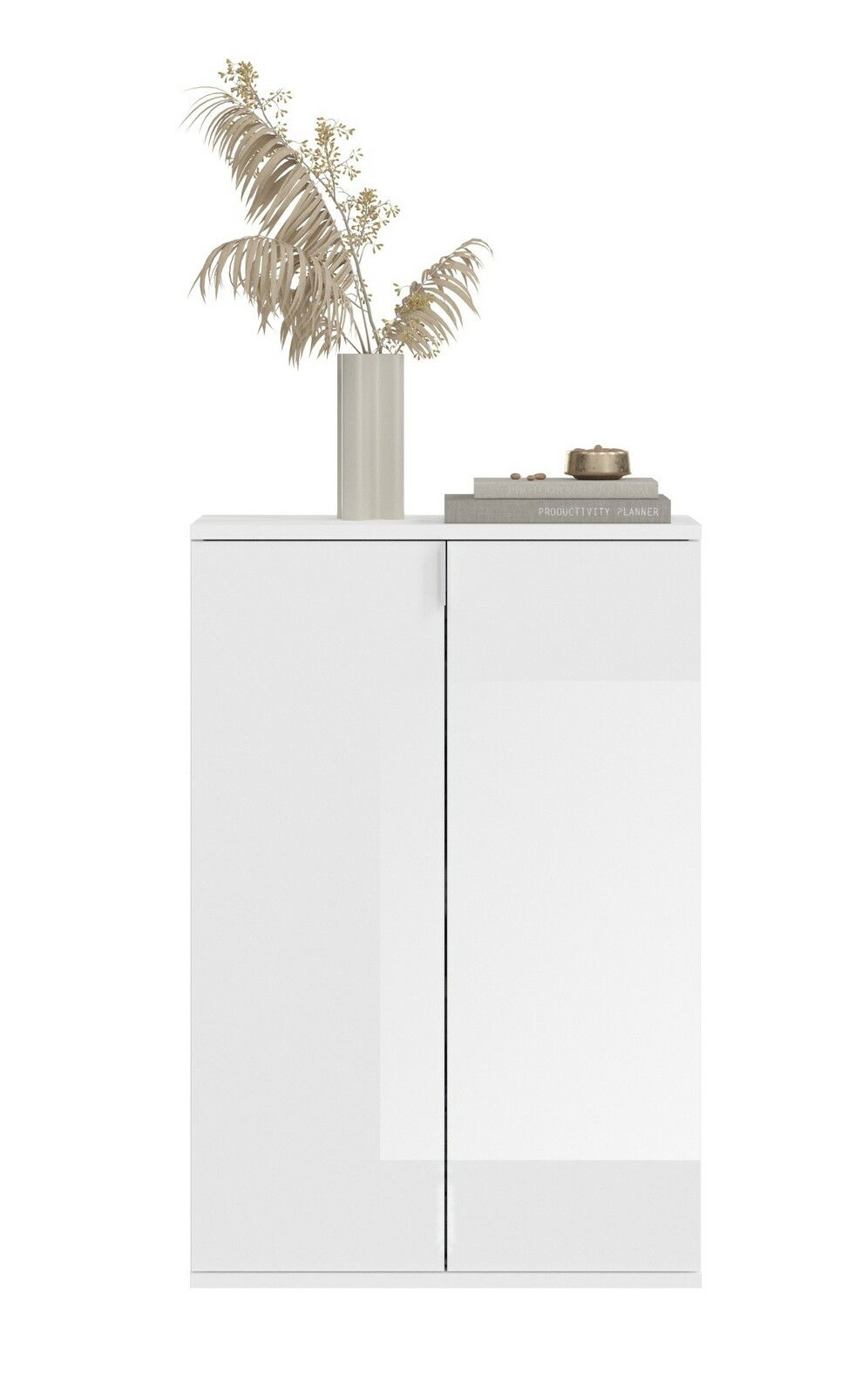 Weiße Garderobenkombination mit zwei Türen, dekoriert mit einer Vase und Büchern, Frontalansicht