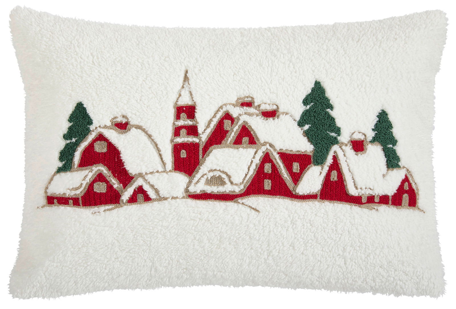 Kissenhülle mit winterlichem Dorfmotiv, rote Häuser und grüne Tannenbäume, Vorderansicht