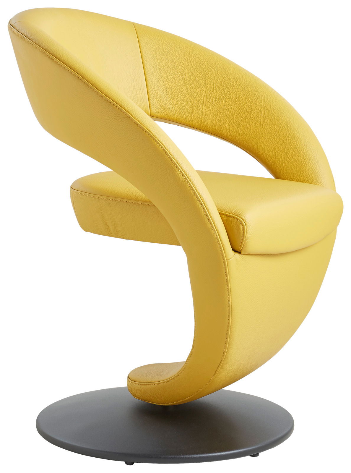 Moderner gelber Sessel mit geschwungenem Design, seitliche Perspektive