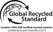 Logo des Global Recycled Standard mit Text: Enthält 100% GRS zertifiziertes recyceltes Material, zertifiziert von Ecocert Greenlife 272272, aus der Vorderansicht.