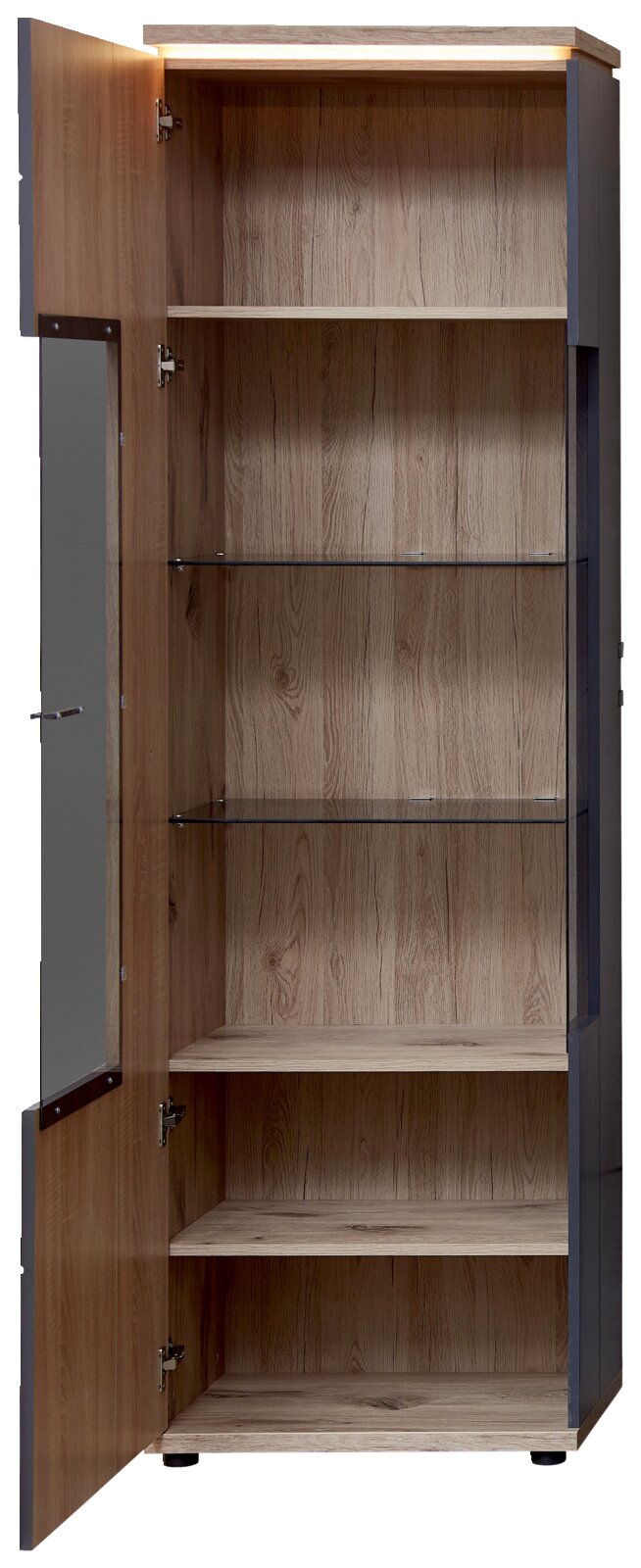 Stylife Vitrine (links) SINA Offener, hoher Vitrinenschrank in Holzoptik mit Glas-Tür links angeschlagen, zwei Glasböden und LED-Beleuchtung oben; Ansicht frontal leicht von links.