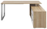 Moderner Eckschreibtisch aus Holz mit Metallbeinen, seitliche Perspektive