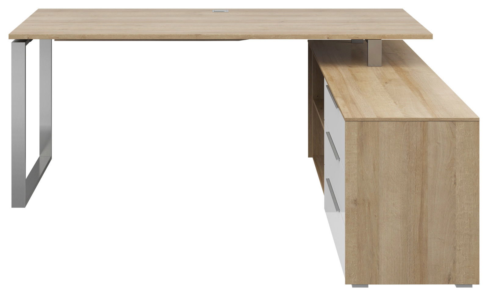 Moderner Eckschreibtisch aus Holz mit Metallbeinen, seitliche Perspektive