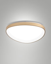 Moderne LED-Deckenleuchte mit Holzrahmen, seitliche Perspektive