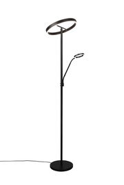 Moderne Stehleuchte Willis in schwarzem Design mit zwei runden Leuchtringen, seitliche Perspektive.