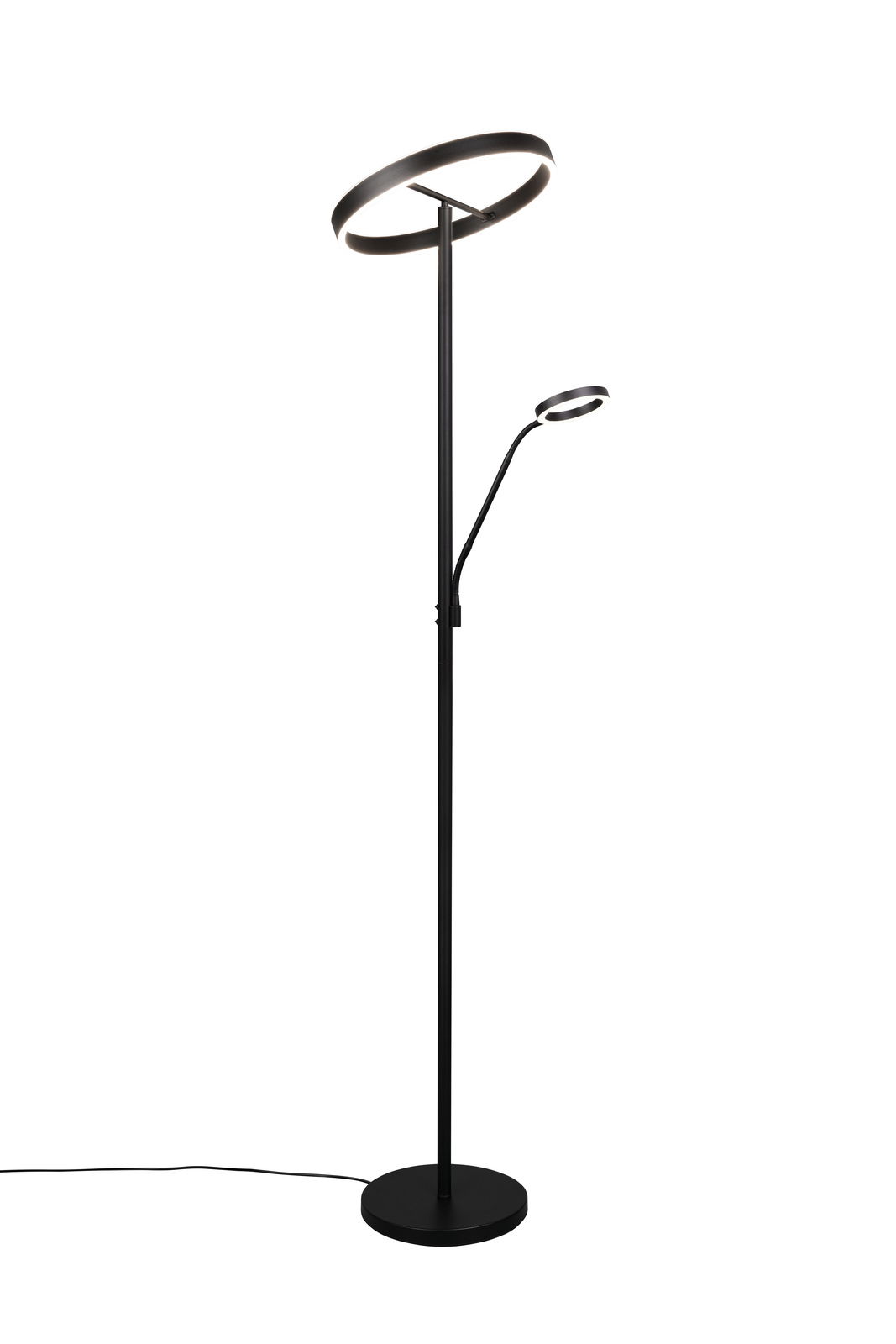 Moderne Stehleuchte Willis in schwarzem Design mit zwei runden Leuchtringen, seitliche Perspektive.
