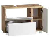 Waschbeckenunterschrank aus Holz mit geöffneter Tür und Schublade, Frontansicht