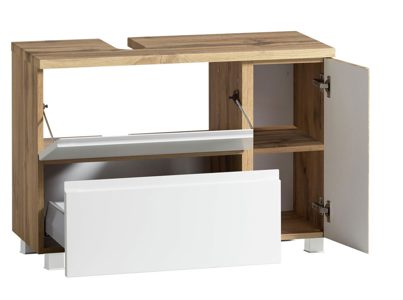 Waschbeckenunterschrank aus Holz mit geöffneter Tür und Schublade, Frontansicht