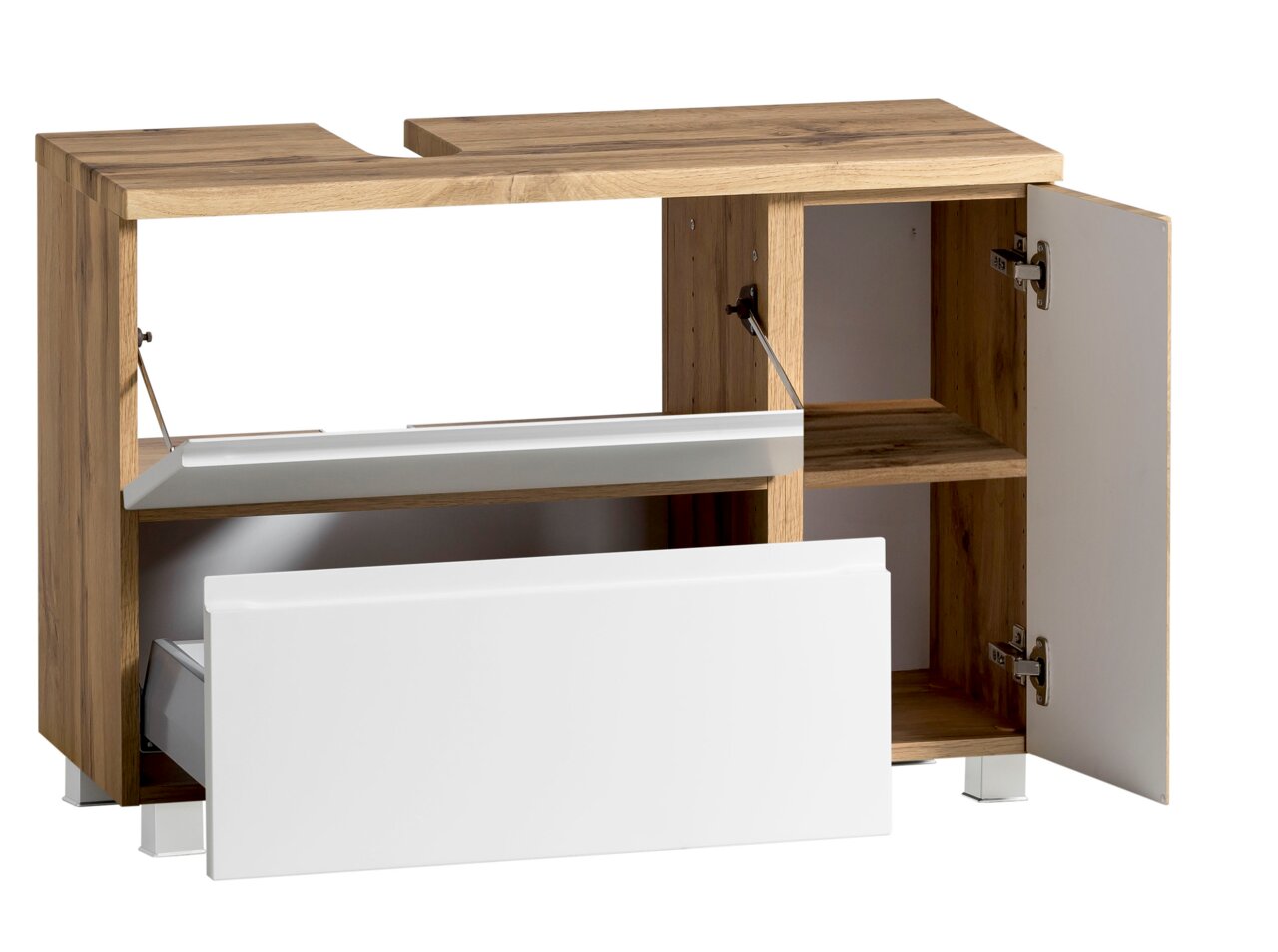 Waschbeckenunterschrank aus Holz mit geöffneter Tür und Schublade, Frontansicht