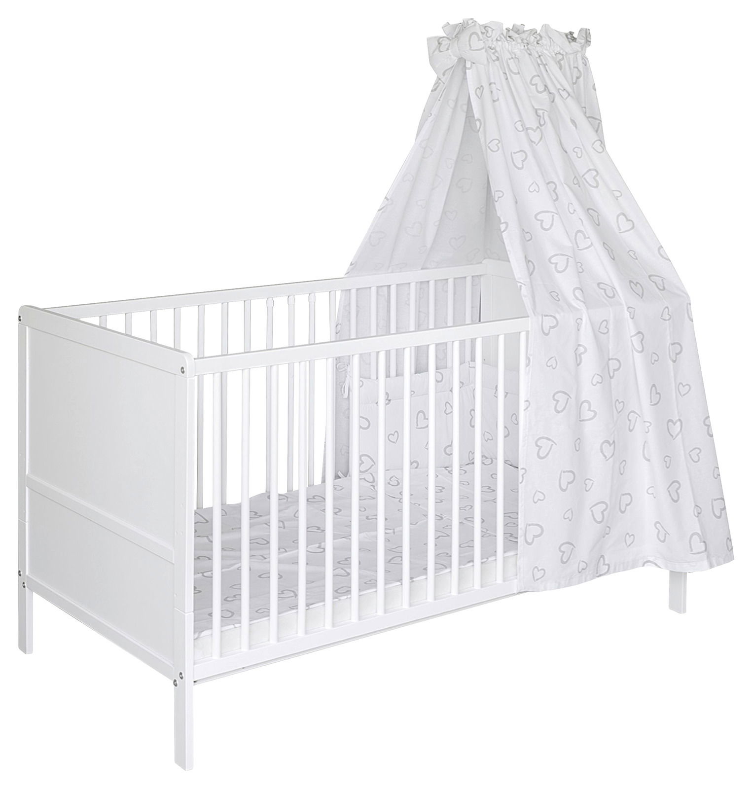 Weißes Komplettbett für Babys mit Herzmuster-Baldachin, seitliche Perspektive