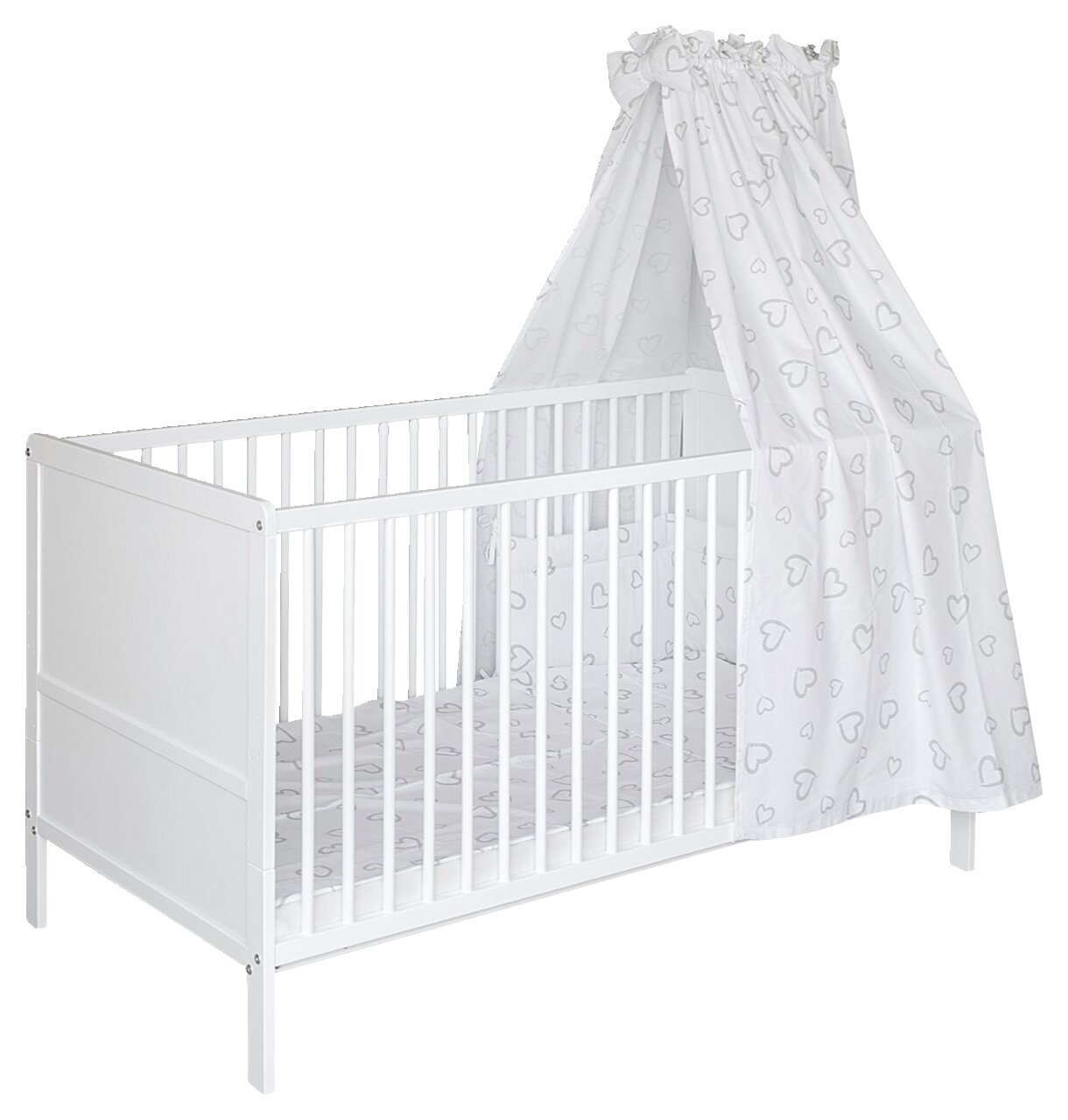 Weißes Komplettbett für Babys mit Herzmuster-Baldachin, seitliche Perspektive