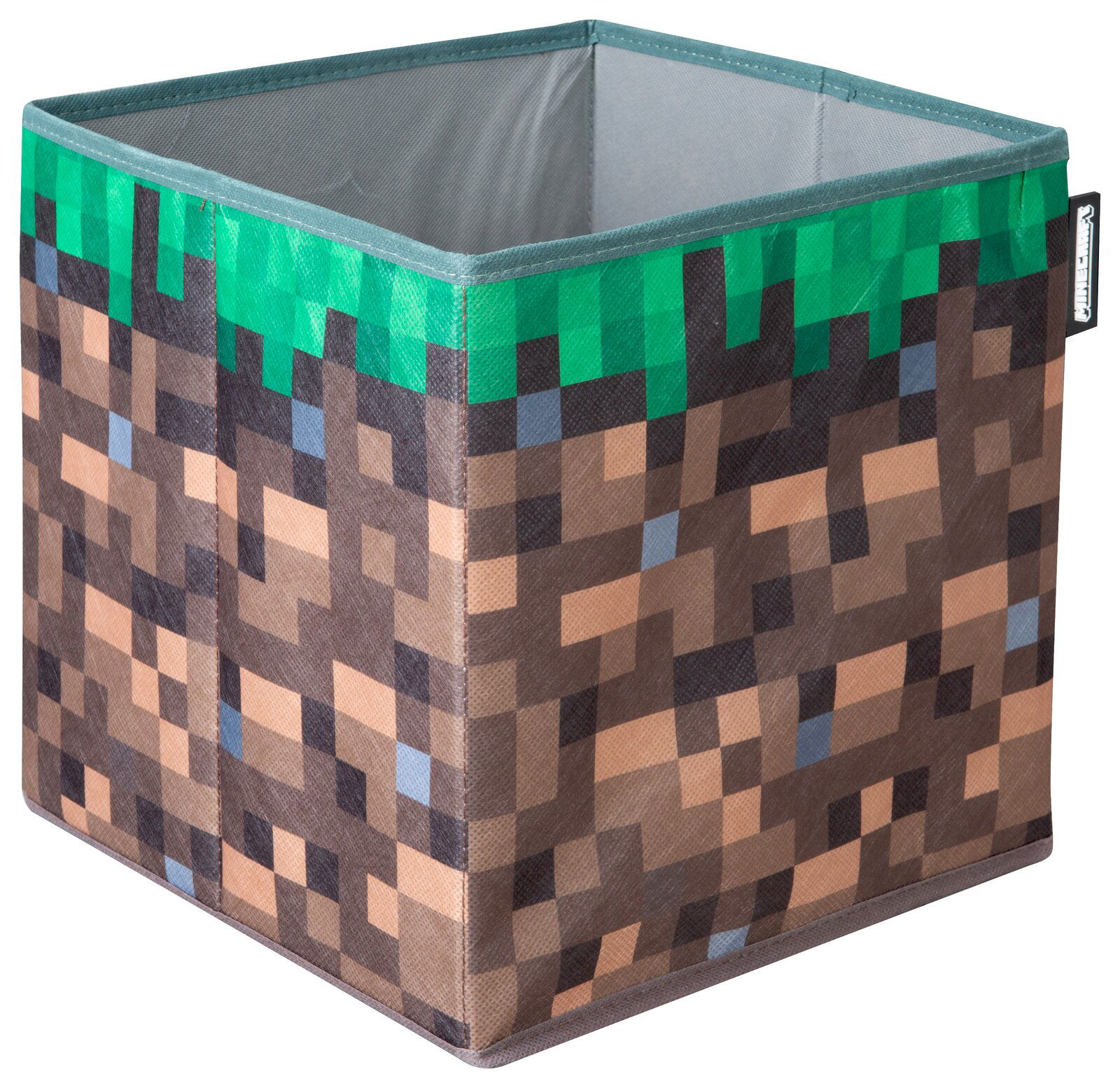 Quadratische Aufbewahrungsbox im Minecraft-Blockdesign (Gras/Erde-Pixelmuster) mit grauem Innenfutter, schräg von vorne oben fotografiert
