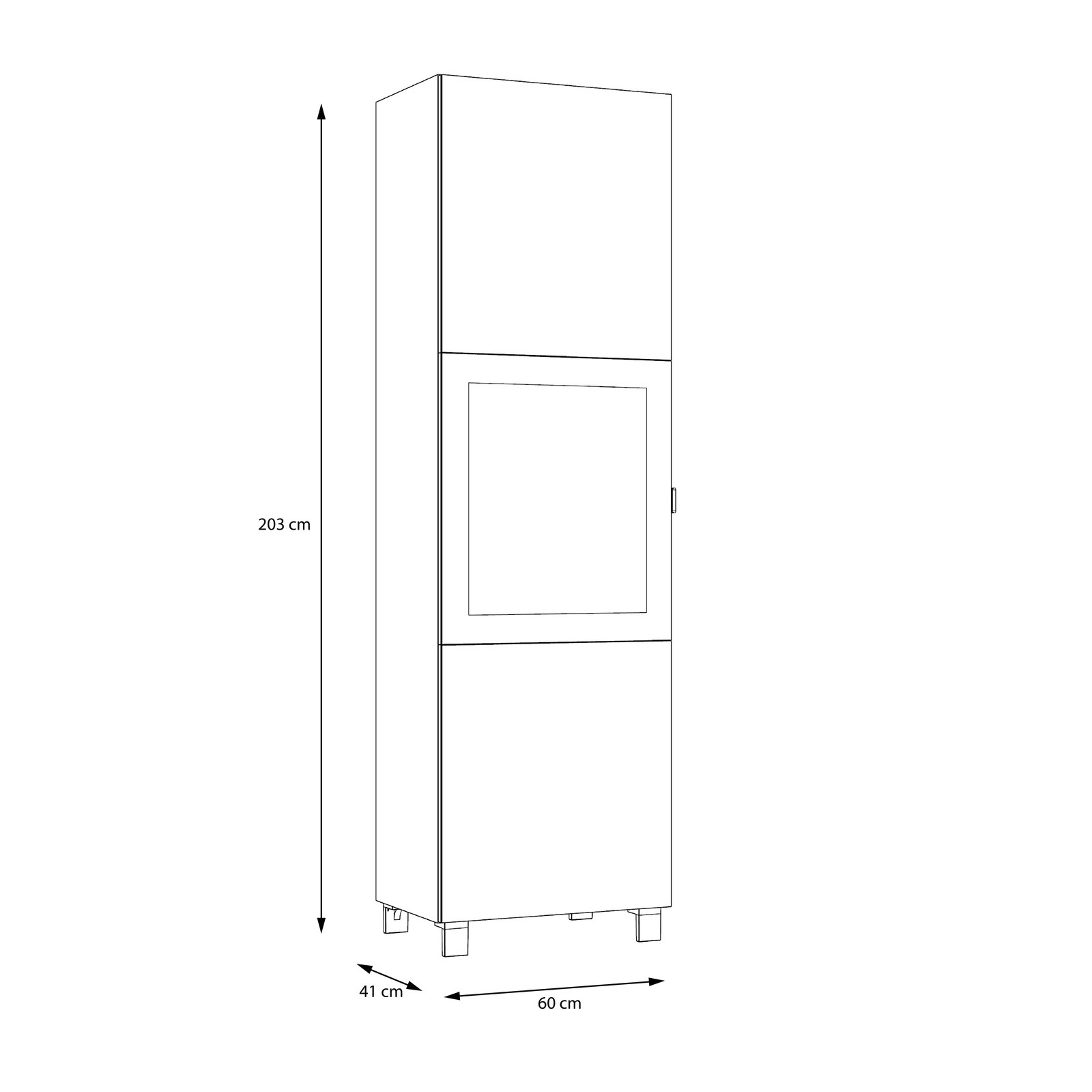 Seitenansicht einer hohen, schmalen Vitrine mit den Maßen 203 cm Höhe, 60 cm Breite und 41 cm Tiefe.