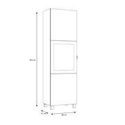 Seitenansicht einer hohen, schmalen Vitrine mit den Maßen 203 cm Höhe, 60 cm Breite und 41 cm Tiefe.