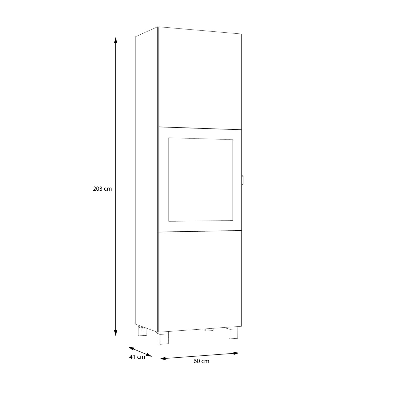 Seitenansicht einer hohen, schmalen Vitrine mit den Maßen 203 cm Höhe, 60 cm Breite und 41 cm Tiefe.