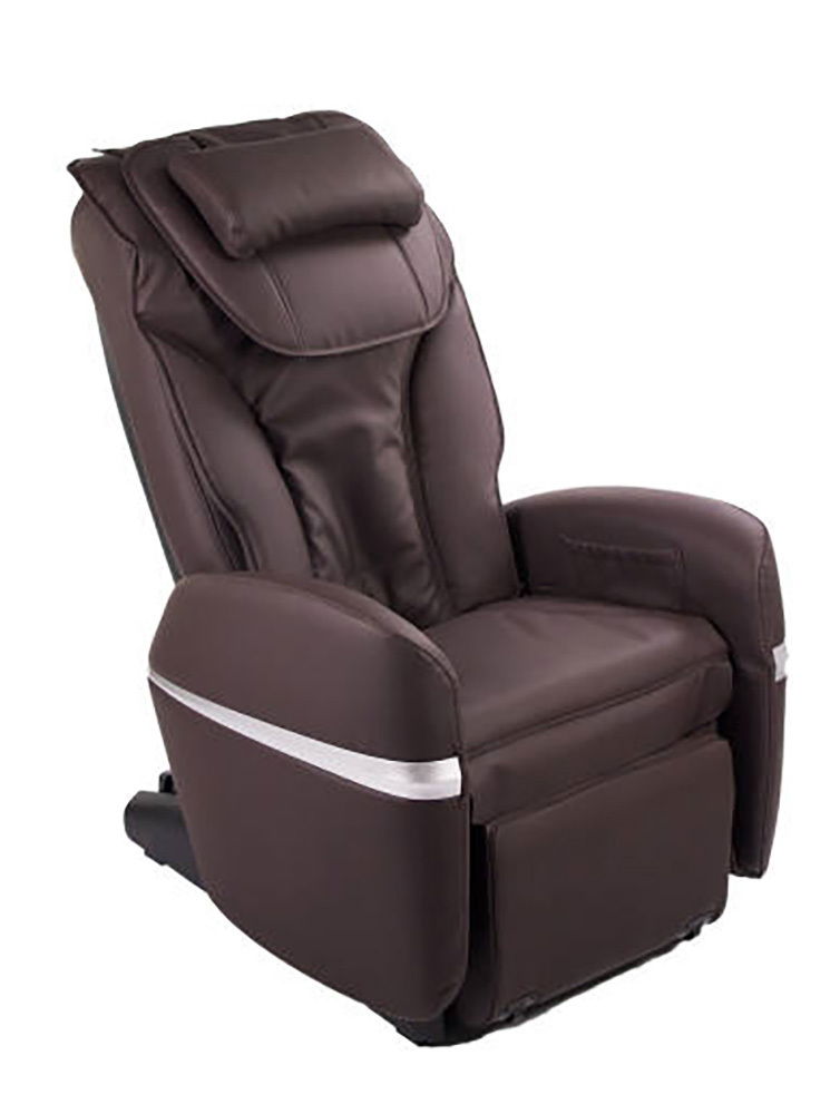 Massagesessel in braunem Leder aus seitlicher Perspektive