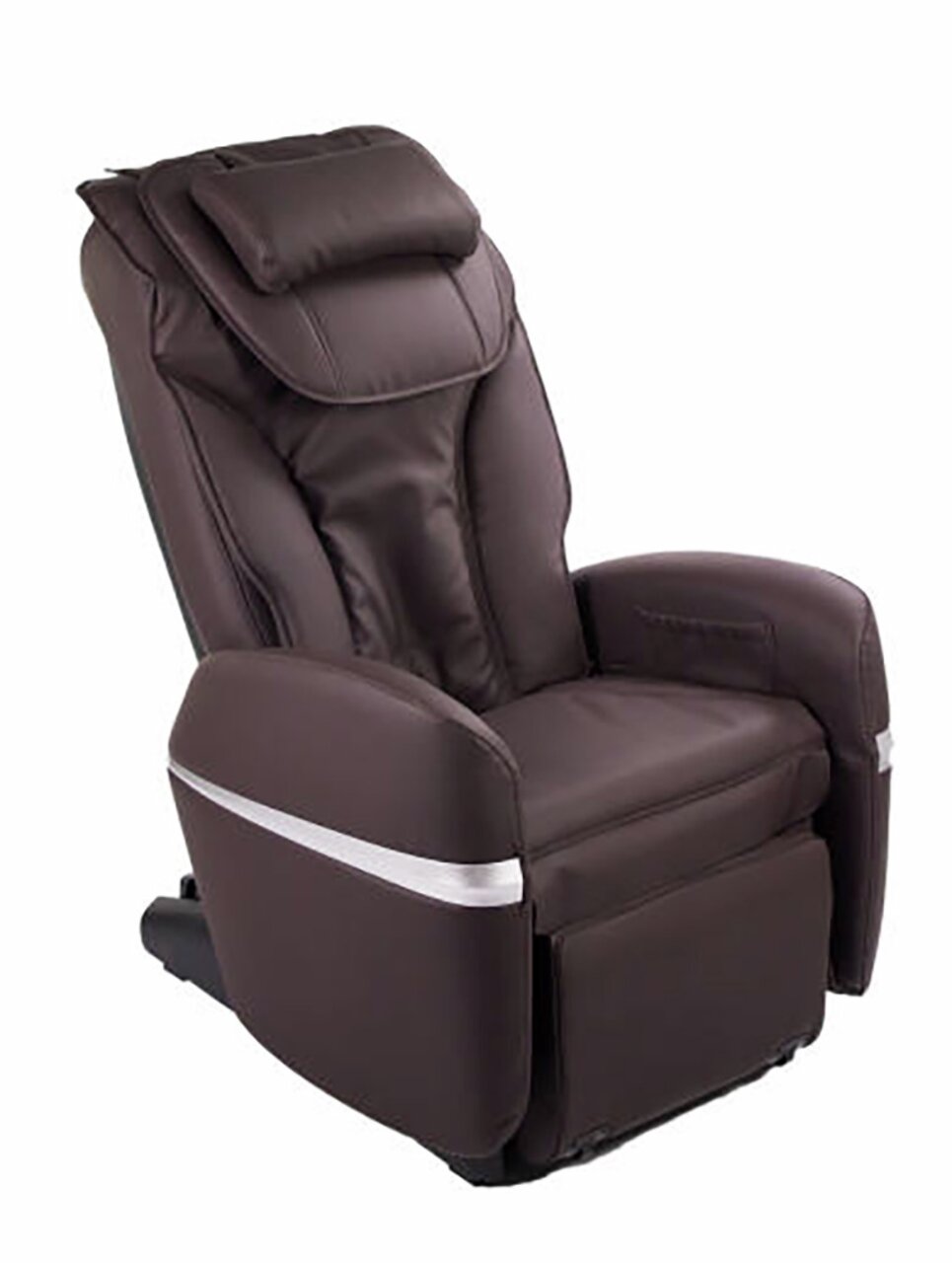 Massagesessel in braunem Leder aus seitlicher Perspektive