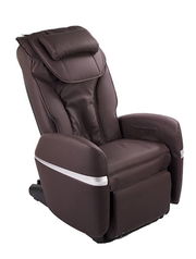 Massagesessel in braunem Leder aus seitlicher Perspektive